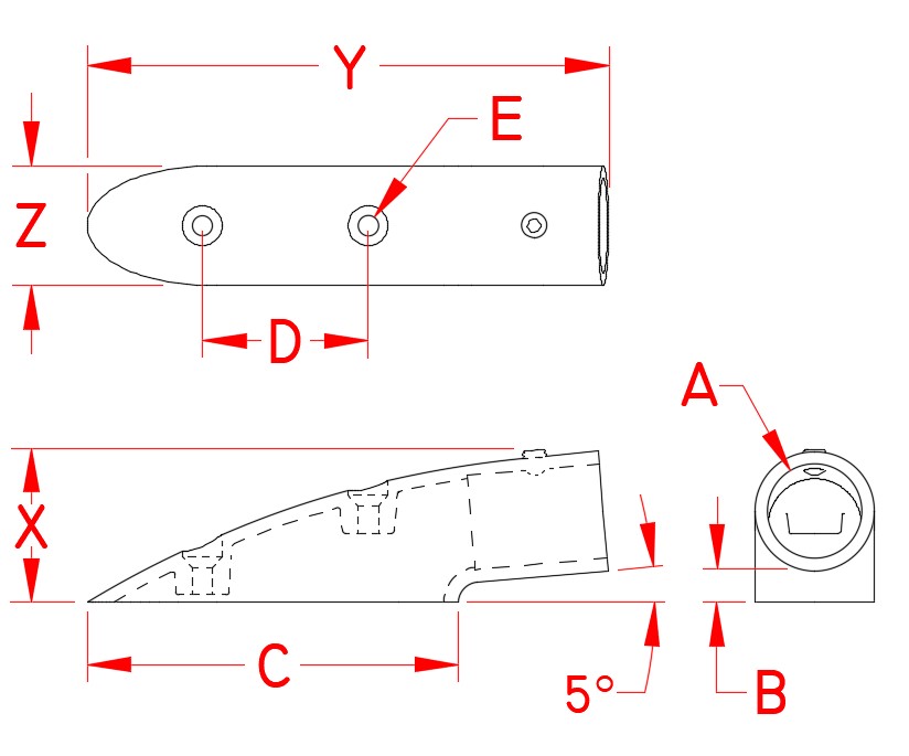 Stainless Steel End Mount In, Railing and Bimini, S3677-0055, Line Drawing